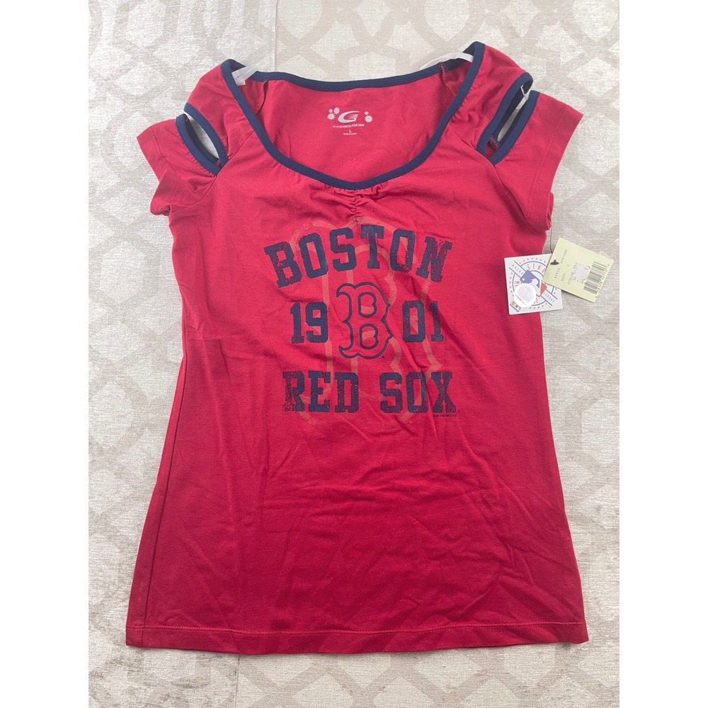 G-III Sports For Her Boston Red Sox V Neck T Shirt Womens Large Red Blue Cutout